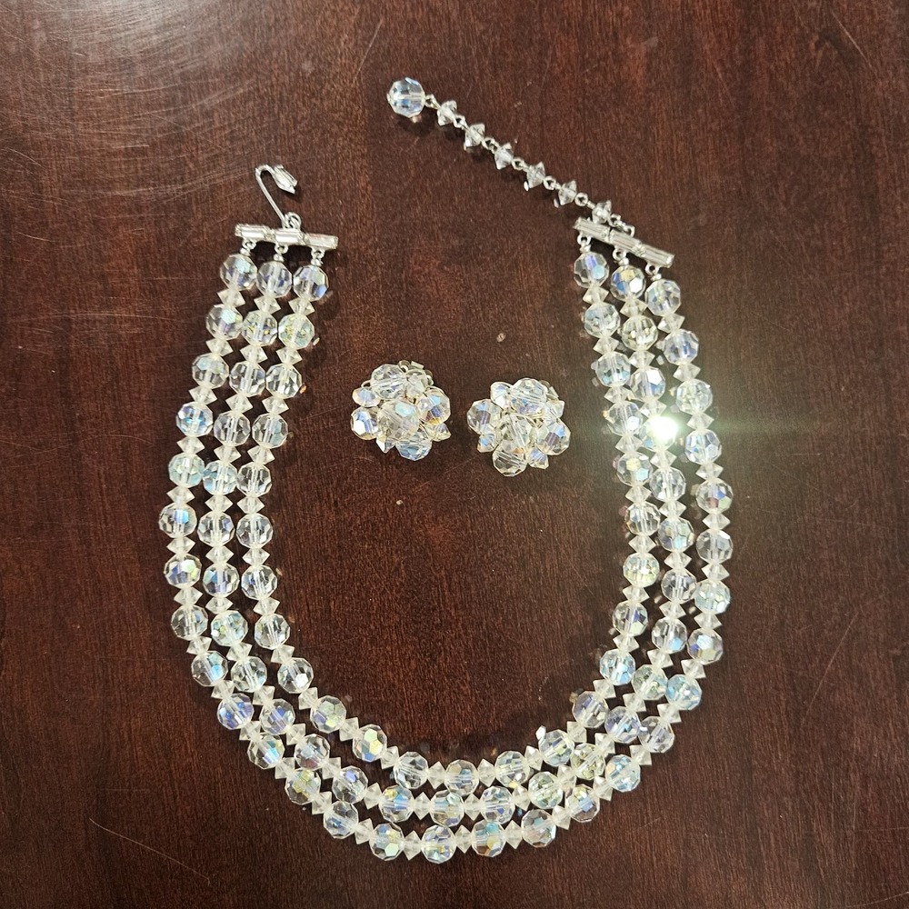 Vtg AB Aurora Borealis 3 Strand Crystal Choker Necklace & Clip Earring Set